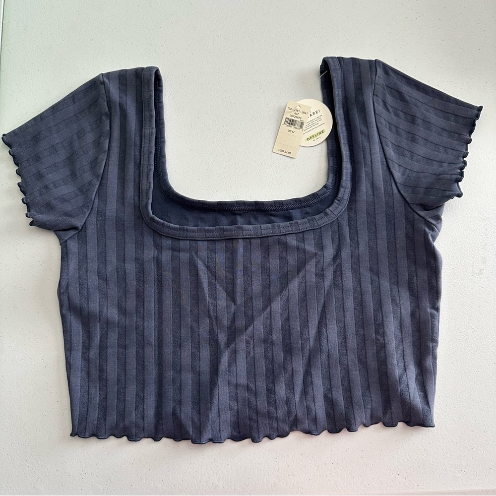 Aerie Flutter Sleeve Ribbed Crop Top in Blue